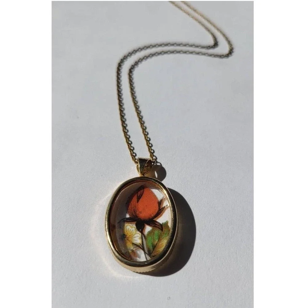 Oval Pendant Necklace with Orange Rose and Butterflies Vintage Brass Chain